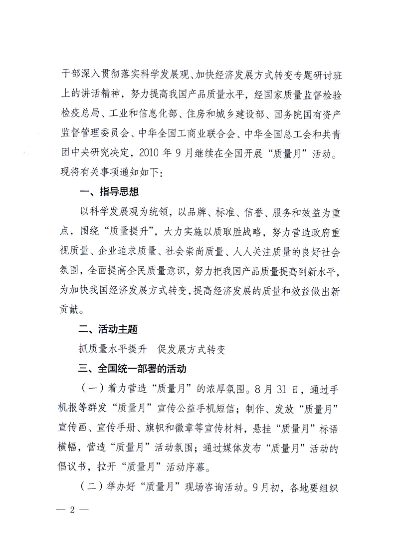 國家質(zhì)量監(jiān)督檢驗檢疫總局、工業(yè)和信息化部、住房和城鄉(xiāng)建設(shè)部、國務(wù)院國有資產(chǎn)監(jiān)督管理委員會、中華全國工商業(yè)聯(lián)合會、中華全國總工會、共青團中央《關(guān)于開展2010年全國“質(zhì)量月”活動的通知》